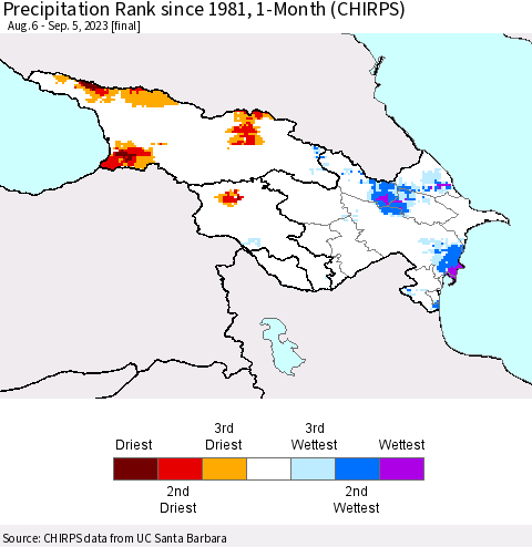 Azerbaijan, Armenia and Georgia Precipitation Rank since 1981, 1-Month (CHIRPS) Thematic Map For 8/6/2023 - 9/5/2023