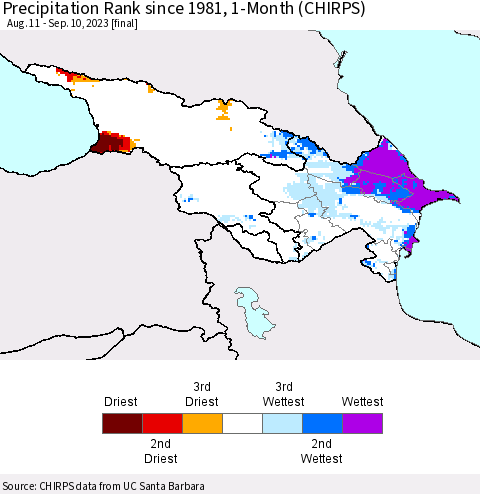 Azerbaijan, Armenia and Georgia Precipitation Rank since 1981, 1-Month (CHIRPS) Thematic Map For 8/11/2023 - 9/10/2023