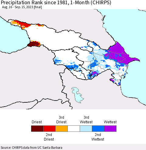 Azerbaijan, Armenia and Georgia Precipitation Rank since 1981, 1-Month (CHIRPS) Thematic Map For 8/16/2023 - 9/15/2023