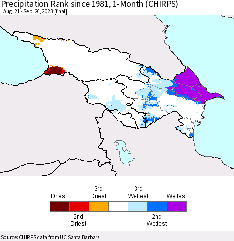 Azerbaijan, Armenia and Georgia Precipitation Rank since 1981, 1-Month (CHIRPS) Thematic Map For 8/21/2023 - 9/20/2023