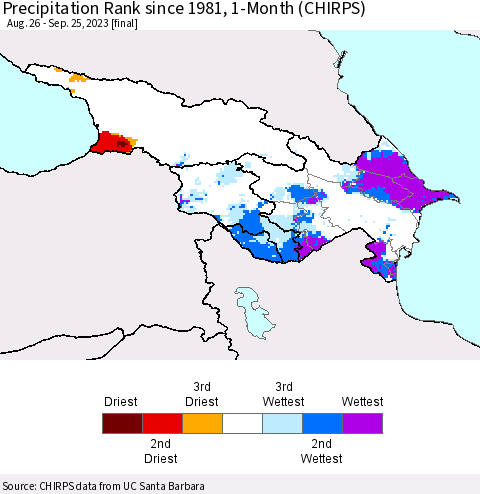 Azerbaijan, Armenia and Georgia Precipitation Rank since 1981, 1-Month (CHIRPS) Thematic Map For 8/26/2023 - 9/25/2023