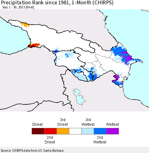 Azerbaijan, Armenia and Georgia Precipitation Rank since 1981, 1-Month (CHIRPS) Thematic Map For 9/1/2023 - 9/30/2023
