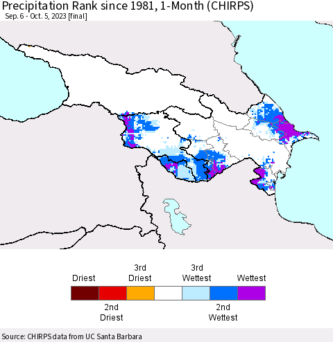 Azerbaijan, Armenia and Georgia Precipitation Rank since 1981, 1-Month (CHIRPS) Thematic Map For 9/6/2023 - 10/5/2023