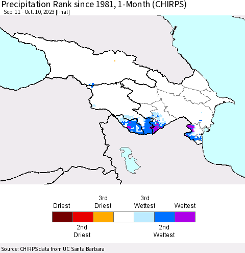 Azerbaijan, Armenia and Georgia Precipitation Rank since 1981, 1-Month (CHIRPS) Thematic Map For 9/11/2023 - 10/10/2023