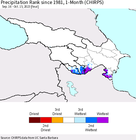 Azerbaijan, Armenia and Georgia Precipitation Rank since 1981, 1-Month (CHIRPS) Thematic Map For 9/16/2023 - 10/15/2023