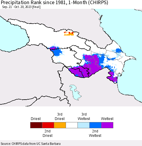 Azerbaijan, Armenia and Georgia Precipitation Rank since 1981, 1-Month (CHIRPS) Thematic Map For 9/21/2023 - 10/20/2023
