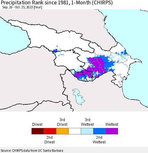 Azerbaijan, Armenia and Georgia Precipitation Rank since 1981, 1-Month (CHIRPS) Thematic Map For 9/26/2023 - 10/25/2023
