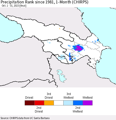 Azerbaijan, Armenia and Georgia Precipitation Rank since 1981, 1-Month (CHIRPS) Thematic Map For 10/1/2023 - 10/31/2023