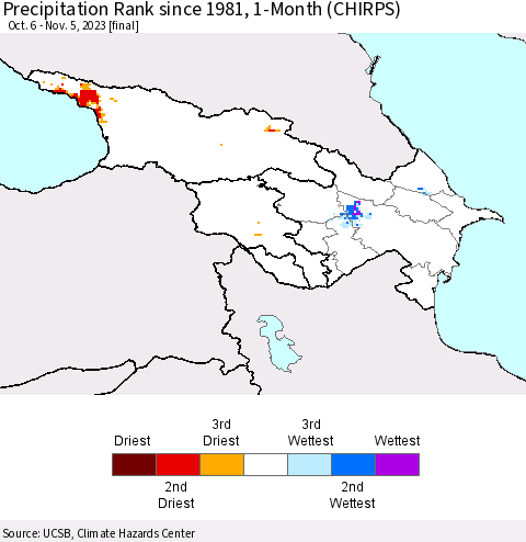 Azerbaijan, Armenia and Georgia Precipitation Rank since 1981, 1-Month (CHIRPS) Thematic Map For 10/6/2023 - 11/5/2023