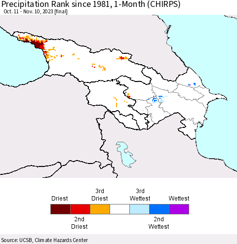 Azerbaijan, Armenia and Georgia Precipitation Rank since 1981, 1-Month (CHIRPS) Thematic Map For 10/11/2023 - 11/10/2023