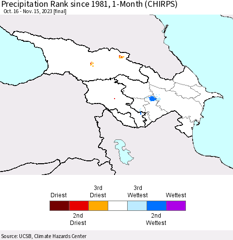 Azerbaijan, Armenia and Georgia Precipitation Rank since 1981, 1-Month (CHIRPS) Thematic Map For 10/16/2023 - 11/15/2023