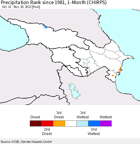 Azerbaijan, Armenia and Georgia Precipitation Rank since 1981, 1-Month (CHIRPS) Thematic Map For 10/21/2023 - 11/20/2023