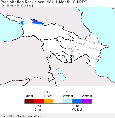 Azerbaijan, Armenia and Georgia Precipitation Rank since 1981, 1-Month (CHIRPS) Thematic Map For 10/26/2023 - 11/25/2023
