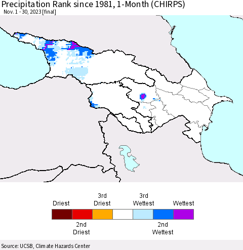 Azerbaijan, Armenia and Georgia Precipitation Rank since 1981, 1-Month (CHIRPS) Thematic Map For 11/1/2023 - 11/30/2023