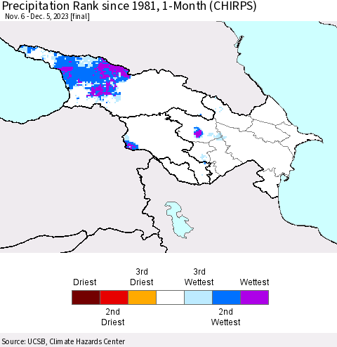 Azerbaijan, Armenia and Georgia Precipitation Rank since 1981, 1-Month (CHIRPS) Thematic Map For 11/6/2023 - 12/5/2023