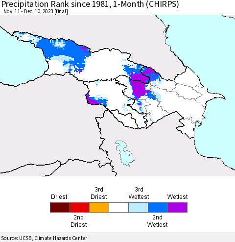 Azerbaijan, Armenia and Georgia Precipitation Rank since 1981, 1-Month (CHIRPS) Thematic Map For 11/11/2023 - 12/10/2023