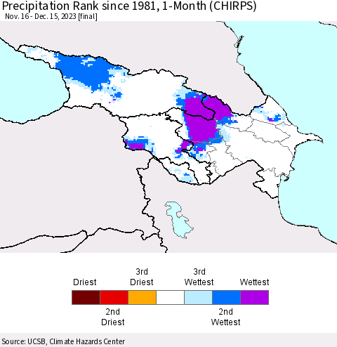 Azerbaijan, Armenia and Georgia Precipitation Rank since 1981, 1-Month (CHIRPS) Thematic Map For 11/16/2023 - 12/15/2023