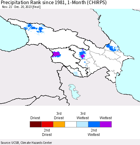 Azerbaijan, Armenia and Georgia Precipitation Rank since 1981, 1-Month (CHIRPS) Thematic Map For 11/21/2023 - 12/20/2023
