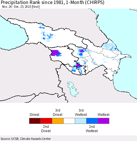 Azerbaijan, Armenia and Georgia Precipitation Rank since 1981, 1-Month (CHIRPS) Thematic Map For 11/26/2023 - 12/25/2023