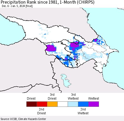 Azerbaijan, Armenia and Georgia Precipitation Rank since 1981, 1-Month (CHIRPS) Thematic Map For 12/6/2023 - 1/5/2024