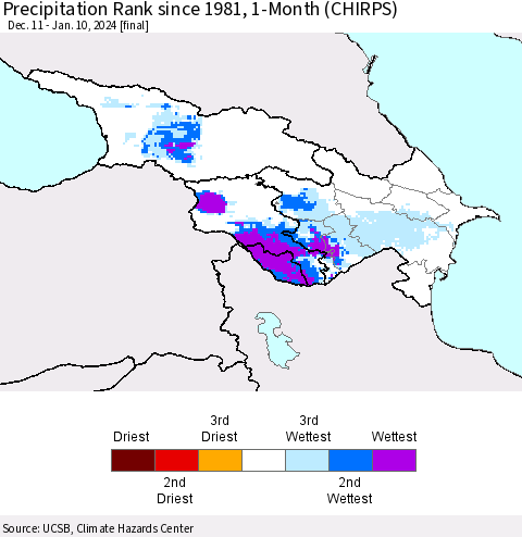 Azerbaijan, Armenia and Georgia Precipitation Rank since 1981, 1-Month (CHIRPS) Thematic Map For 12/11/2023 - 1/10/2024