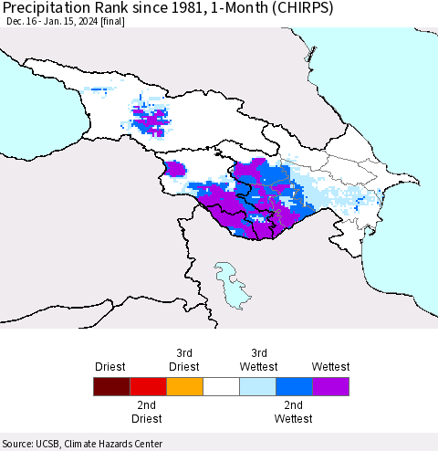 Azerbaijan, Armenia and Georgia Precipitation Rank since 1981, 1-Month (CHIRPS) Thematic Map For 12/16/2023 - 1/15/2024