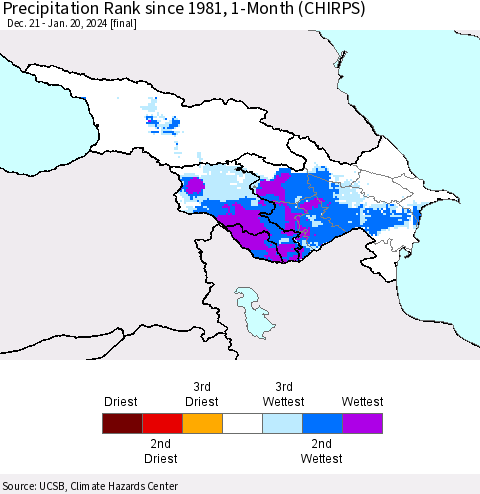 Azerbaijan, Armenia and Georgia Precipitation Rank since 1981, 1-Month (CHIRPS) Thematic Map For 12/21/2023 - 1/20/2024