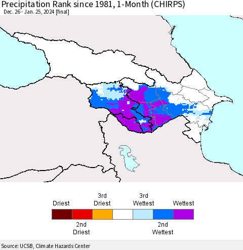 Azerbaijan, Armenia and Georgia Precipitation Rank since 1981, 1-Month (CHIRPS) Thematic Map For 12/26/2023 - 1/25/2024