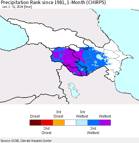 Azerbaijan, Armenia and Georgia Precipitation Rank since 1981, 1-Month (CHIRPS) Thematic Map For 1/1/2024 - 1/31/2024