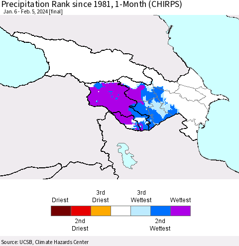 Azerbaijan, Armenia and Georgia Precipitation Rank since 1981, 1-Month (CHIRPS) Thematic Map For 1/6/2024 - 2/5/2024