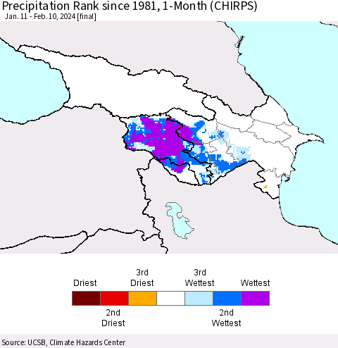 Azerbaijan, Armenia and Georgia Precipitation Rank since 1981, 1-Month (CHIRPS) Thematic Map For 1/11/2024 - 2/10/2024