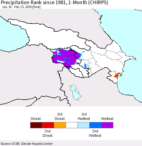 Azerbaijan, Armenia and Georgia Precipitation Rank since 1981, 1-Month (CHIRPS) Thematic Map For 1/16/2024 - 2/15/2024
