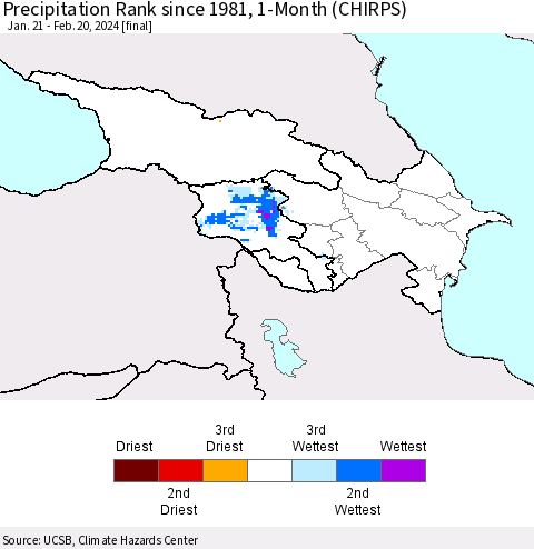 Azerbaijan, Armenia and Georgia Precipitation Rank since 1981, 1-Month (CHIRPS) Thematic Map For 1/21/2024 - 2/20/2024