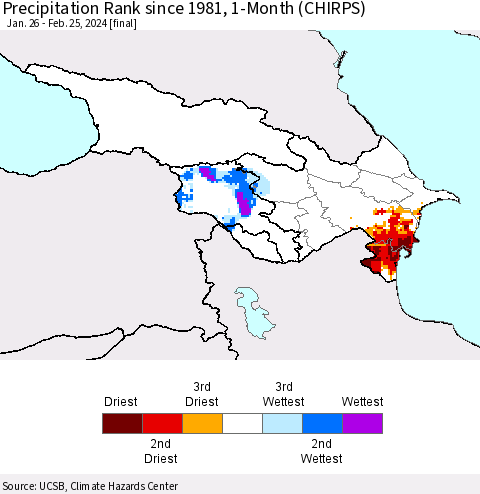 Azerbaijan, Armenia and Georgia Precipitation Rank since 1981, 1-Month (CHIRPS) Thematic Map For 1/26/2024 - 2/25/2024