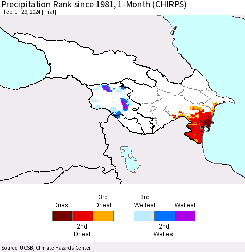 Azerbaijan, Armenia and Georgia Precipitation Rank since 1981, 1-Month (CHIRPS) Thematic Map For 2/1/2024 - 2/29/2024