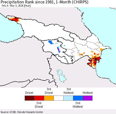 Azerbaijan, Armenia and Georgia Precipitation Rank since 1981, 1-Month (CHIRPS) Thematic Map For 2/6/2024 - 3/5/2024
