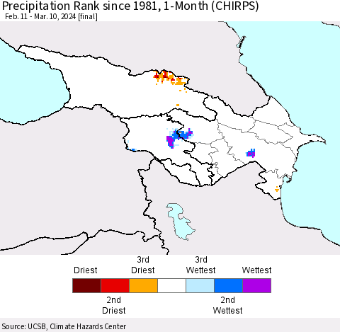 Azerbaijan, Armenia and Georgia Precipitation Rank since 1981, 1-Month (CHIRPS) Thematic Map For 2/11/2024 - 3/10/2024