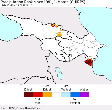 Azerbaijan, Armenia and Georgia Precipitation Rank since 1981, 1-Month (CHIRPS) Thematic Map For 2/16/2024 - 3/15/2024