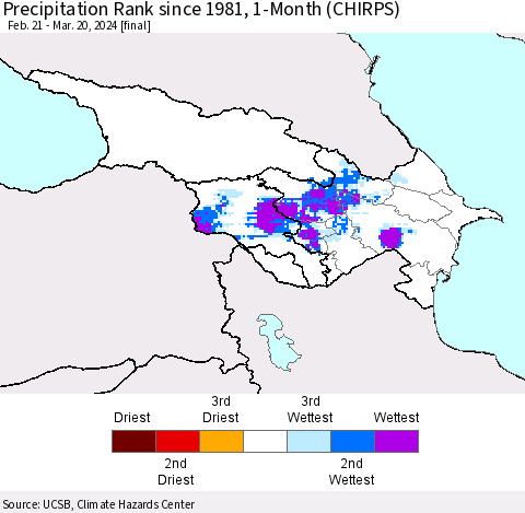 Azerbaijan, Armenia and Georgia Precipitation Rank since 1981, 1-Month (CHIRPS) Thematic Map For 2/21/2024 - 3/20/2024