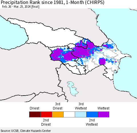 Azerbaijan, Armenia and Georgia Precipitation Rank since 1981, 1-Month (CHIRPS) Thematic Map For 2/26/2024 - 3/25/2024