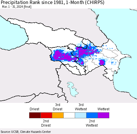 Azerbaijan, Armenia and Georgia Precipitation Rank since 1981, 1-Month (CHIRPS) Thematic Map For 3/1/2024 - 3/31/2024