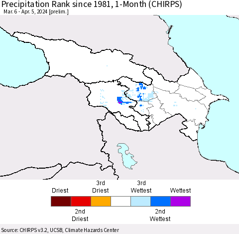 Azerbaijan, Armenia and Georgia Precipitation Rank since 1981, 1-Month (CHIRPS) Thematic Map For 3/6/2024 - 4/5/2024