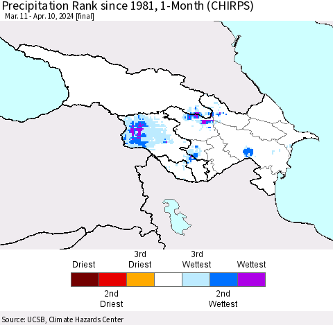 Azerbaijan, Armenia and Georgia Precipitation Rank since 1981, 1-Month (CHIRPS) Thematic Map For 3/11/2024 - 4/10/2024