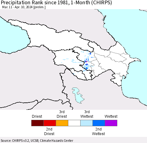 Azerbaijan, Armenia and Georgia Precipitation Rank since 1981, 1-Month (CHIRPS) Thematic Map For 3/11/2024 - 4/10/2024