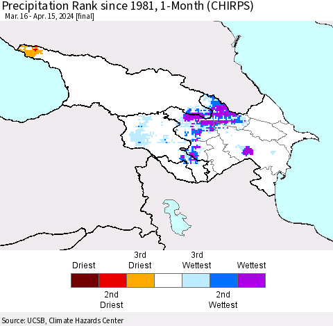 Azerbaijan, Armenia and Georgia Precipitation Rank since 1981, 1-Month (CHIRPS) Thematic Map For 3/16/2024 - 4/15/2024