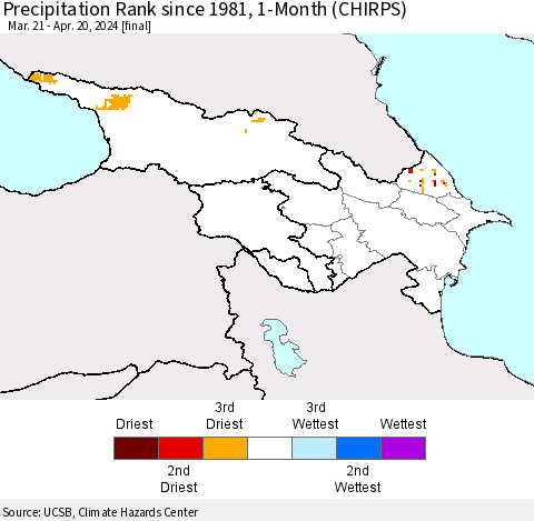 Azerbaijan, Armenia and Georgia Precipitation Rank since 1981, 1-Month (CHIRPS) Thematic Map For 3/21/2024 - 4/20/2024