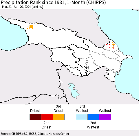 Azerbaijan, Armenia and Georgia Precipitation Rank since 1981, 1-Month (CHIRPS) Thematic Map For 3/21/2024 - 4/20/2024