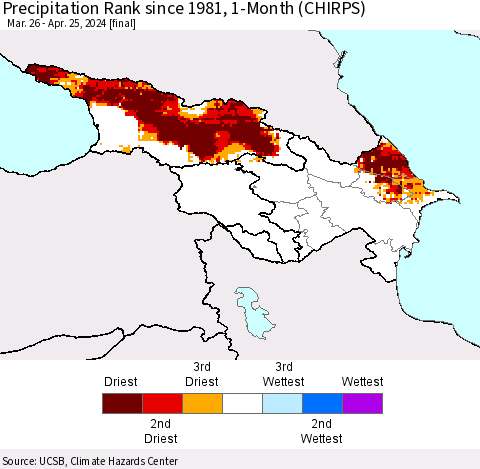 Azerbaijan, Armenia and Georgia Precipitation Rank since 1981, 1-Month (CHIRPS) Thematic Map For 3/26/2024 - 4/25/2024