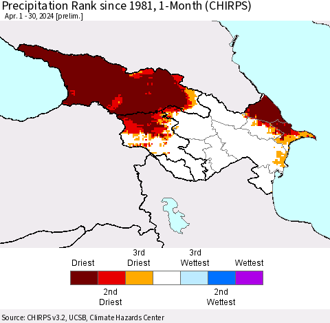 Azerbaijan, Armenia and Georgia Precipitation Rank since 1981, 1-Month (CHIRPS) Thematic Map For 4/1/2024 - 4/30/2024