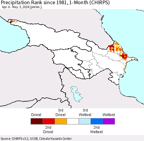 Azerbaijan, Armenia and Georgia Precipitation Rank since 1981, 1-Month (CHIRPS) Thematic Map For 4/6/2024 - 5/5/2024